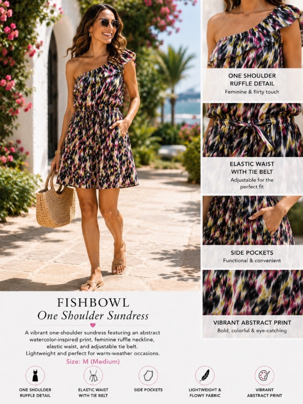 Fishbowl One Shoulder Abstract Print Sundress Size M Pockets Tie Waist